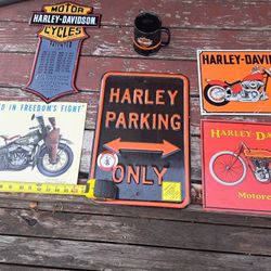 Harley Davidson Signs Metal 5 Pices And A Cup  Of Coffee 