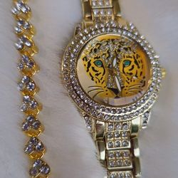 Women Watch & Bracelet Set, Tiger, Gold Color