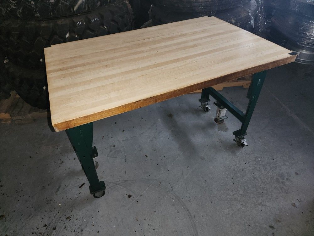 Vintage butcher block top rolling worktable