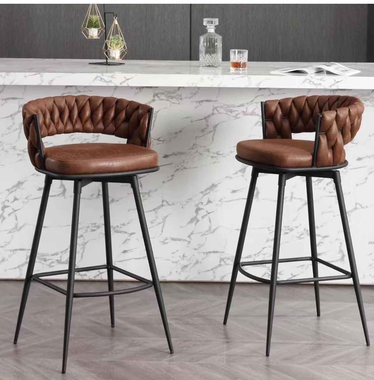 Modern Bar Stools Set of 2, 30" Bar Height Barstools, 180° Swivel Suede Fabric Stool Chairs with Woven Back and Footrest for Kitchen Island, Cafe, Pub