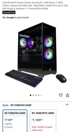 CyberPowerPC Gamer Master Gaming PC, AMD Ryzen 5 5500 3.6GHz, Radeon RX 6400 4GB, 16GB DDR4, 500GB PCIe Gen4 SSD, WiFi Ready & Windows 11 Home