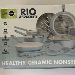 GreenPan Rio Advanced 16pc Ceramic Nonstick Cookware Set Stardew Blue