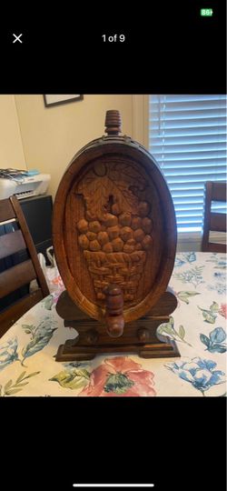 Vintage Oak hand carved wine barrel. Dispensary working parts, oak with iron bands.