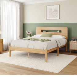 ZIYOO Solid Bamboo Wood Queen Bed Frame with Storage Headboard, 14 inch Platform Bed Frame Queen No Box Spring Needed with Steel Slats, Sturdy and Sta