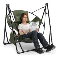 Hammock with Steel Stand,Foldable PU Leather Swing Chair,6-Level Standing Hammocks Included Carrying Bag,Side Pocket,Pillow,for Outside,Indoor,Yard,Ga
