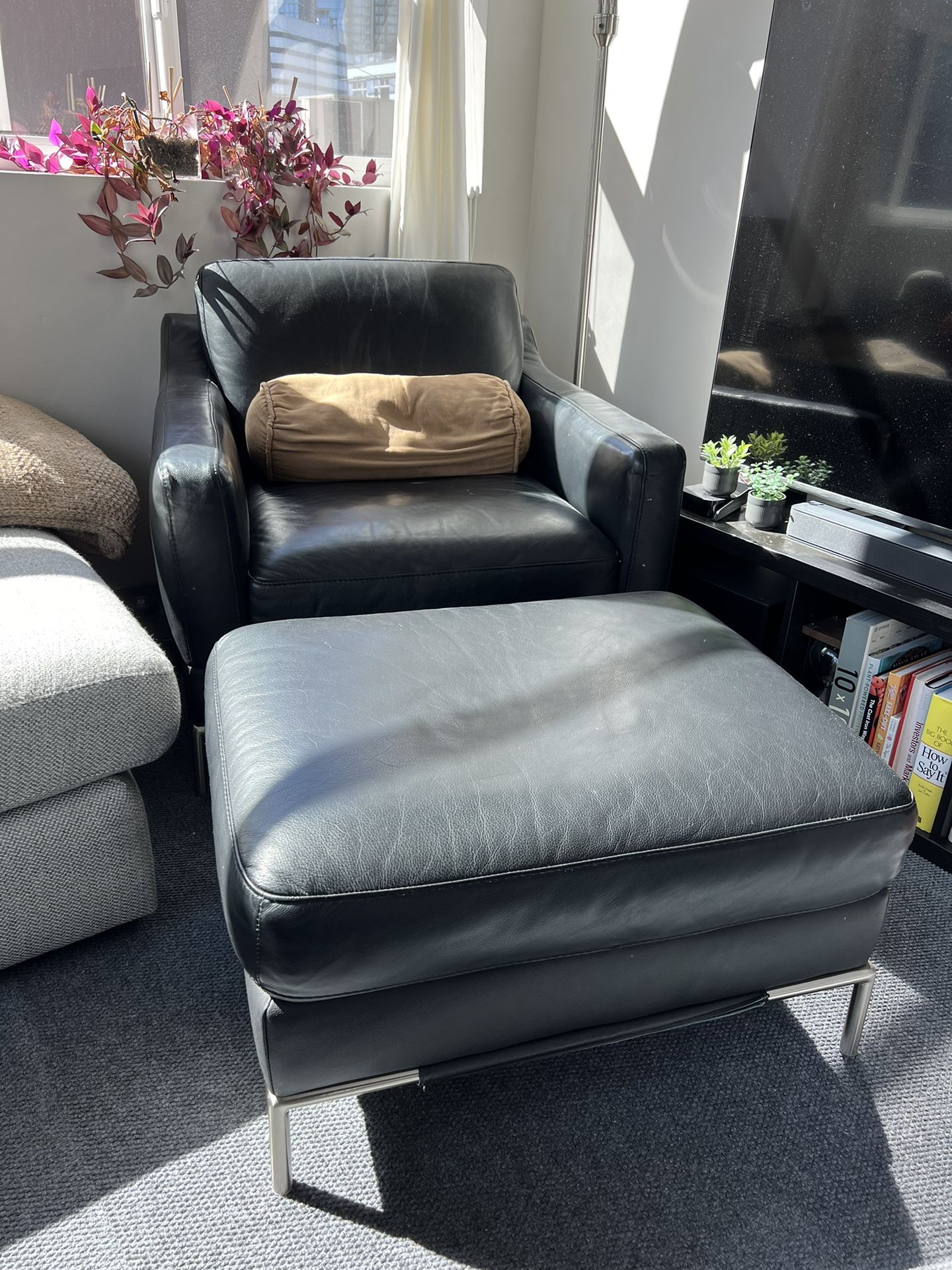 Black Leather Chairs (Two) And Ottoman