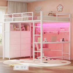 Loft Bed Full Size with Desk and 8 Storage Drawers, LED Metal Loft Bed with Power Outlet, 2 Shelves & Clothing Rack, Bed with Safety Guardrail & Ladde