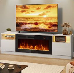 White TV Stand with Electric Fireplace Insert