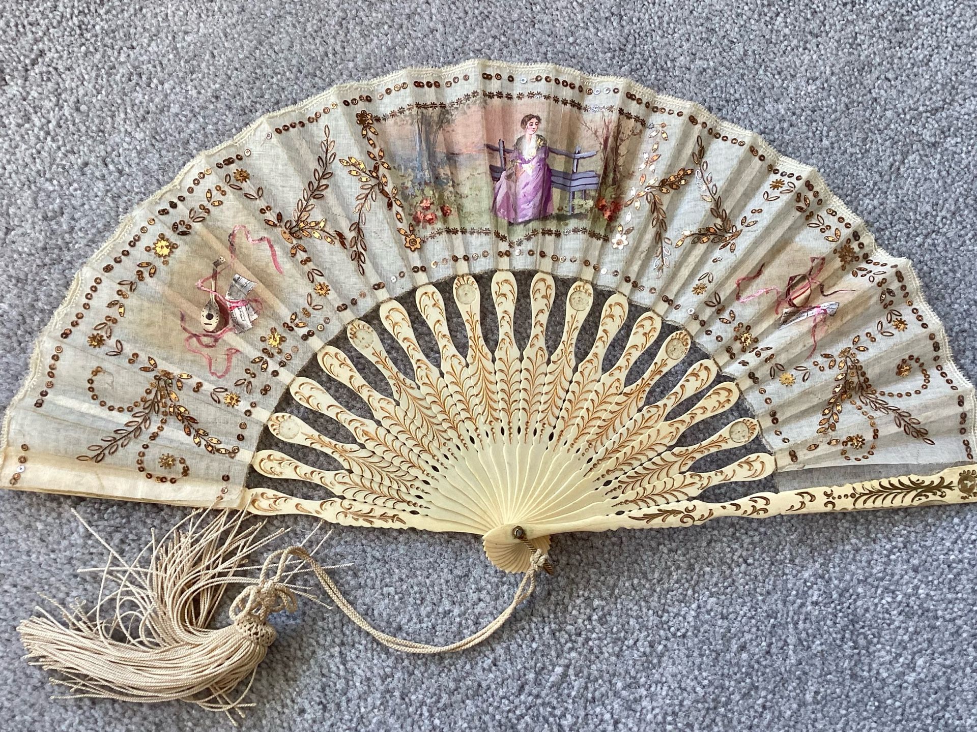 Vtg. Handheld Fabric Hand-painted Chinese Fan Fragonard Style Gold Details + Sequins Music Instruments Themed Lute