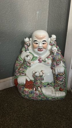 Large Porcelain Laughing Buddha Statue with Children