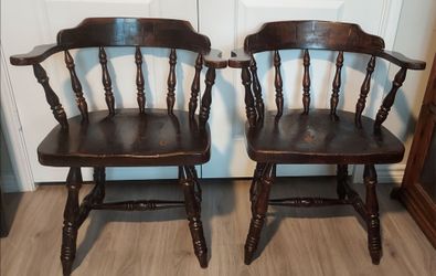 Antique Pair Wooden Arm Barrel Chairs