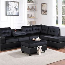 Heights Black/Black Reversible Sectional with Storage Ottoman