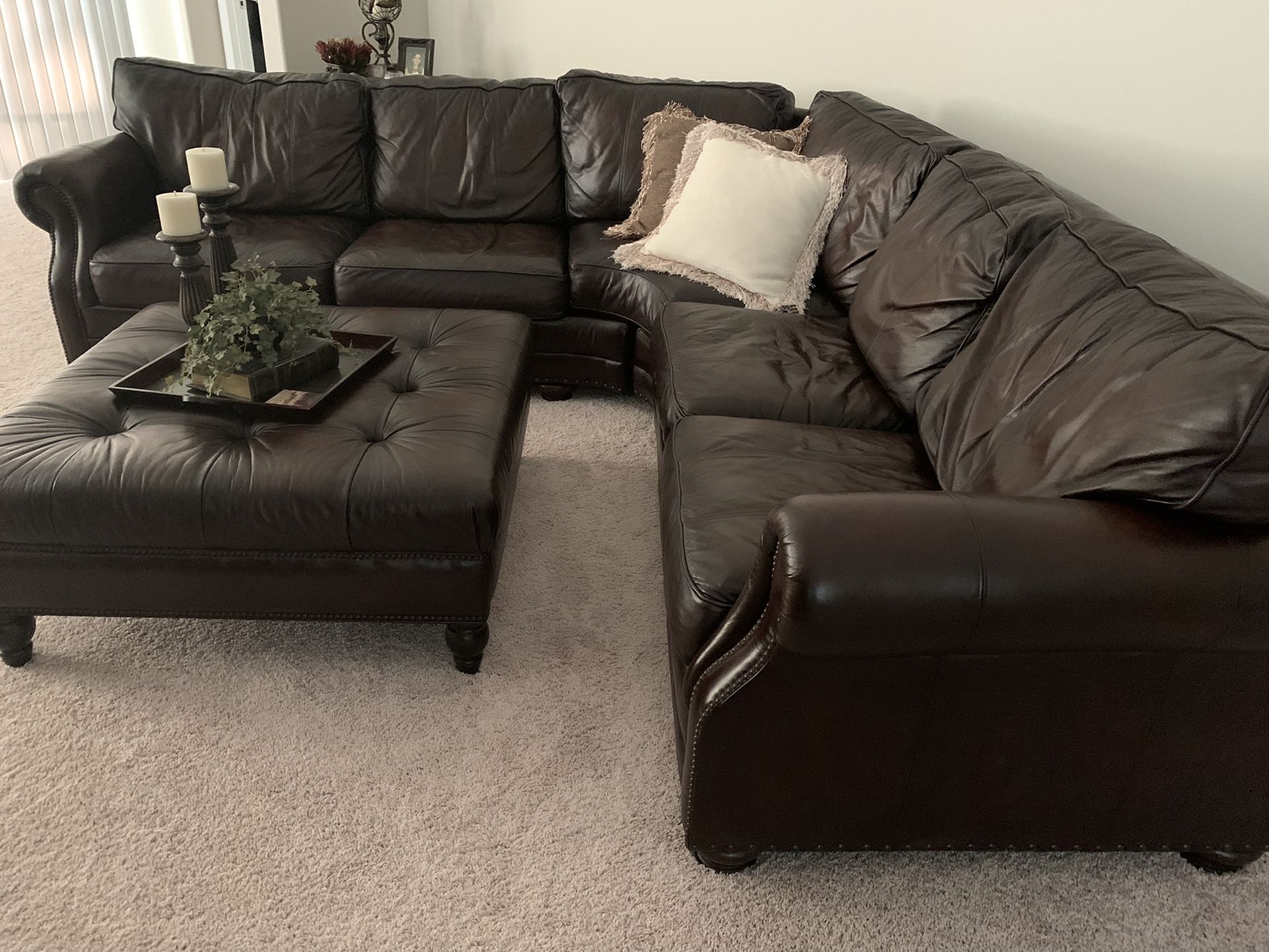 Bernhardt  Lg Antiqued Leather Sectional With Ottoman 