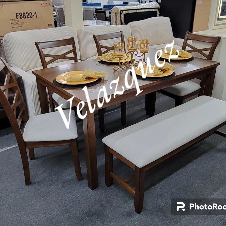 ✅️✅️6 pc brown finish wood dining table set padded seat chairs and bench✅️ 