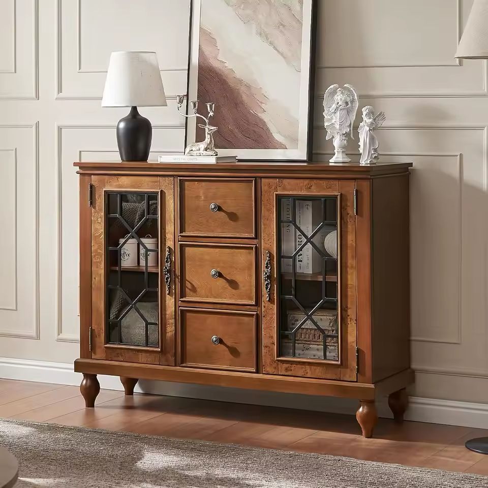 Cherry 45''W Sideboard Buffet Cabinet with StorageWood Credenza with 2 Glass Doors3 Drawers and Adjustable ShelvesMid Century Modern