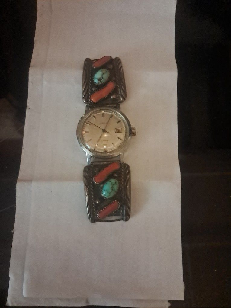 Vintage Jubilee Native American Turquoise And Coral Stones Watch