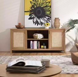 TVEWA10001OA new in box TV Stand for Living Room Rattan TV Console Cabinet with Storage and Shelf, Boho Entertainment Center, 59" Media Console for 65
