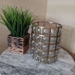 $14 Pottery Barn Gold Trim Bubble Glass Candle Holder/Vase
7"x 5 1/2".