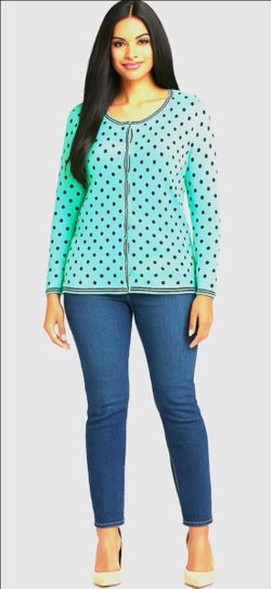 Rafaella Cardigan Sweater Women Size XL Teal Blue Green Black Polka Dot Button