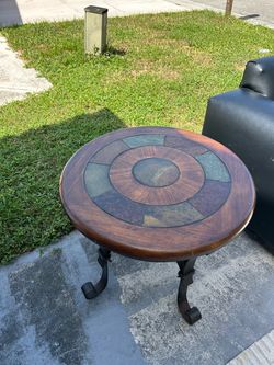 Round Wood and Slate Tile Side Table