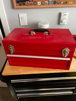 Red Metal Toolbox with Drawer