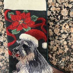 Vintage Needlepoint Stocking With A Schnauzer Dog 