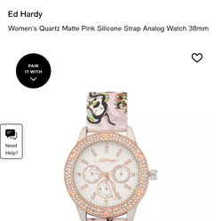 Ed Hardy Women's Pink Strap Watch (model 14981s-42-B01) is a distinctive accessory featuring tattoo artwork, a gem-set bezel, and a silicone strap.