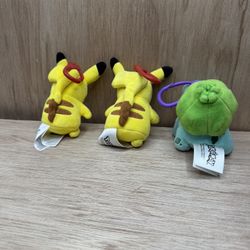 Lot Of 3 Pokemon 4" Plush Clip-Ons Pikachu Bulbasaur