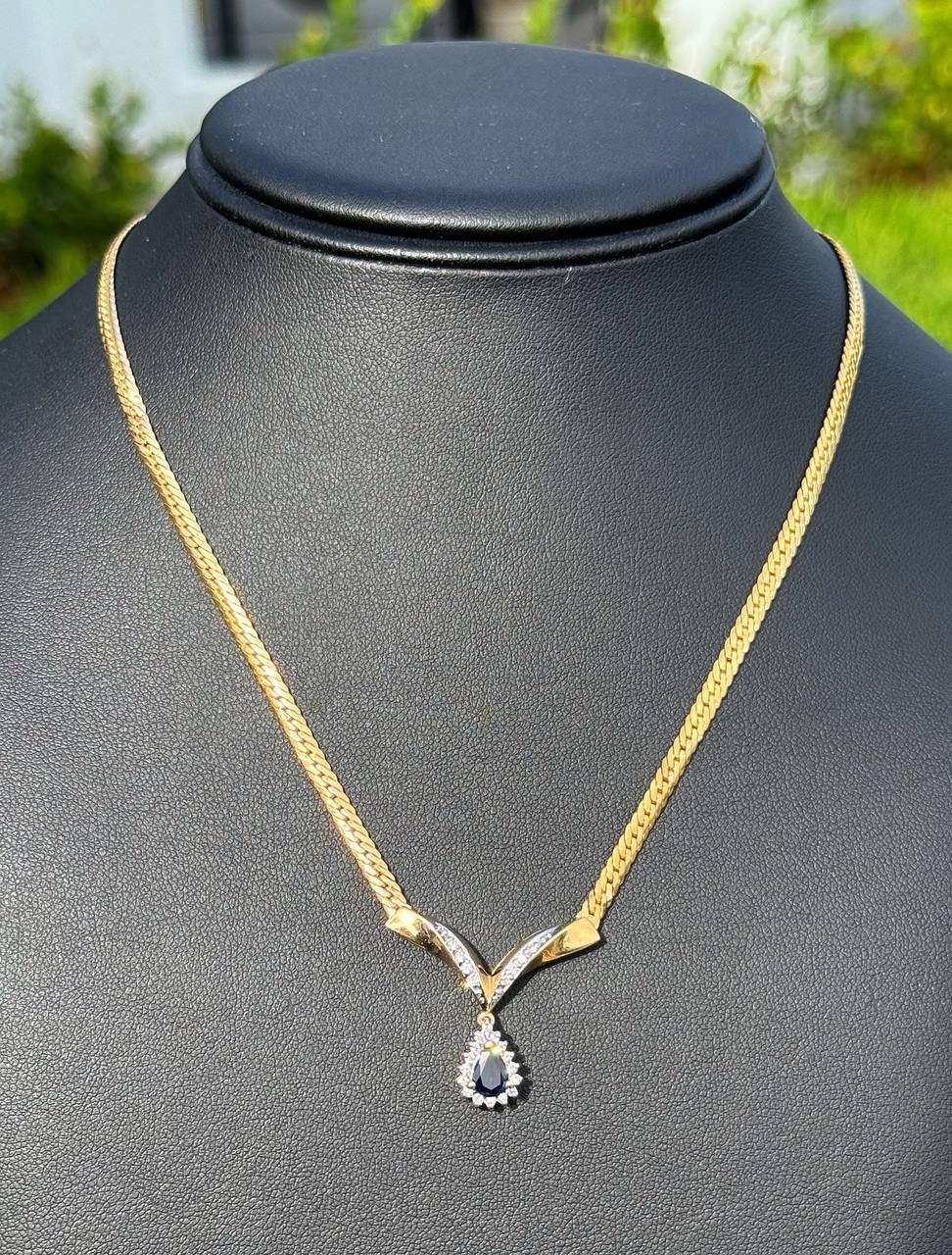 Jewelry 14k solid yellow gold Cuban link pear shape pendant natural diamond sapphire necklace 17.00" 3.20mm 8.30 grams