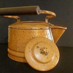 Vintage Copper Hand Hammered Tea Kettle Teapot Wooden Wood Handle 