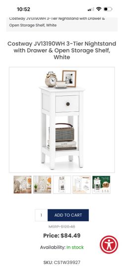 3-Tier Nightstand with Drawer, White