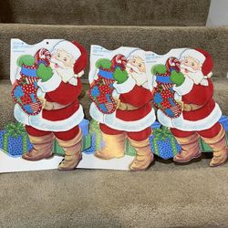 3 Cleo Die Cut Santa Hanging Stocking Flocked One Side Window Decoration Vtg