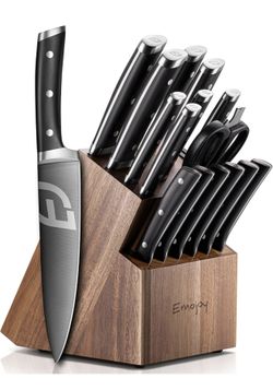 Emojoy Knife Set, Kitchen Knife Set with Block – 17 PCS German Titanium Steel Knives with Heavy-Duty Acacia Wood Block and Built-in Sharpener for Home