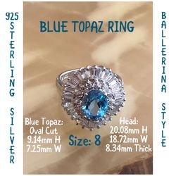 925 STER Silver Blue Topaz Ballerina Ring Size 8