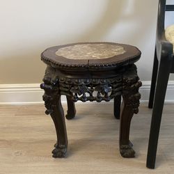 Antique Chinese Rosewood Hand Carved Small Table Marble Inlay Top 