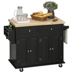 HOMCOM Kitchen Island Cart with Solid Wood Top, 44" Mobile Kitchen Island Table on Wheels with Storage Cabinets, 2 Drawers, Adjustable Shelves, Spice 