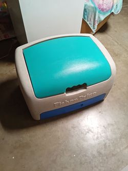 Vintage Fisher Price Toy Box Chest Plastic Storage Bin Tub 90s Teal Blue Gray