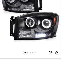 Brand New 2006-2009 Dodge Ram 1500, 2500, 3500 Headlights With Halos And LEDs 
