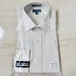 Paul Fredrick Dress Shirt 16-32 Tan Plaid Imperial 100’s 2 Ply Cotton Dobby