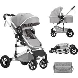 Convertible Baby Stroller, 3 in 1 Folding Infant Stroller, High Landscape Pushchair w/Adjustable Backrest & Canopy, Newborn Bassinet Pram with Foot Co