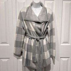Jones New York Grey Cream Plaid Belted Cardigan Sweater Size M