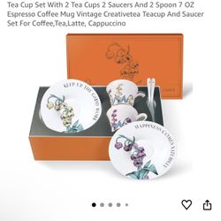 New Tea Cup Set With 2 Tea Cups 2 Saucers And 2 Spoon 7 OZ Espresso Coffee Mug Vintage Creativetea Teacup And Saucer Set For Coffee,Tea,Latte, Cappucc
