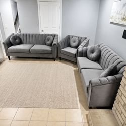 gray velvet 3 piece living room sofa and loveseat with chair // july sale !