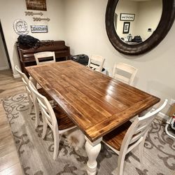 Farmhouse style wood dining table w 6 chairs