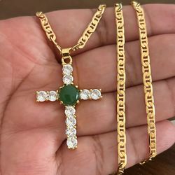 Gold Filled Cross With Green Stone And 20 Inch Necklace