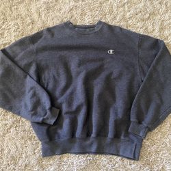 Champion Embroidered Logo Sweatshirt, Vintage Casual Heavy weight Sweater, Dark Grey Jumper Size L