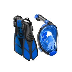 Full Face Snorkel Mask and Swim Fins, 180° Panoramic View- L/XL