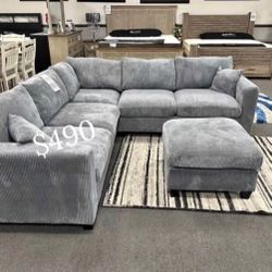 NEW Sectional Sofa Couch With Ottoman Grey, Dark Grey, Sage Green Or Ivory Corduroy 