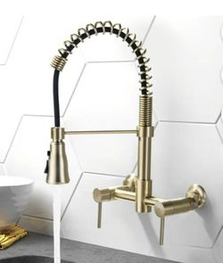 Rbrohant Wall Mounted Pull Down Two Handle Kitchen Faucet In Brushed Gold