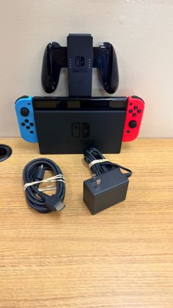 NINTENDO SWITCH RED & BLUE JOY-CONS W/ CHARGER, CHARGING DOCK, HDMI, & POWER CABLE